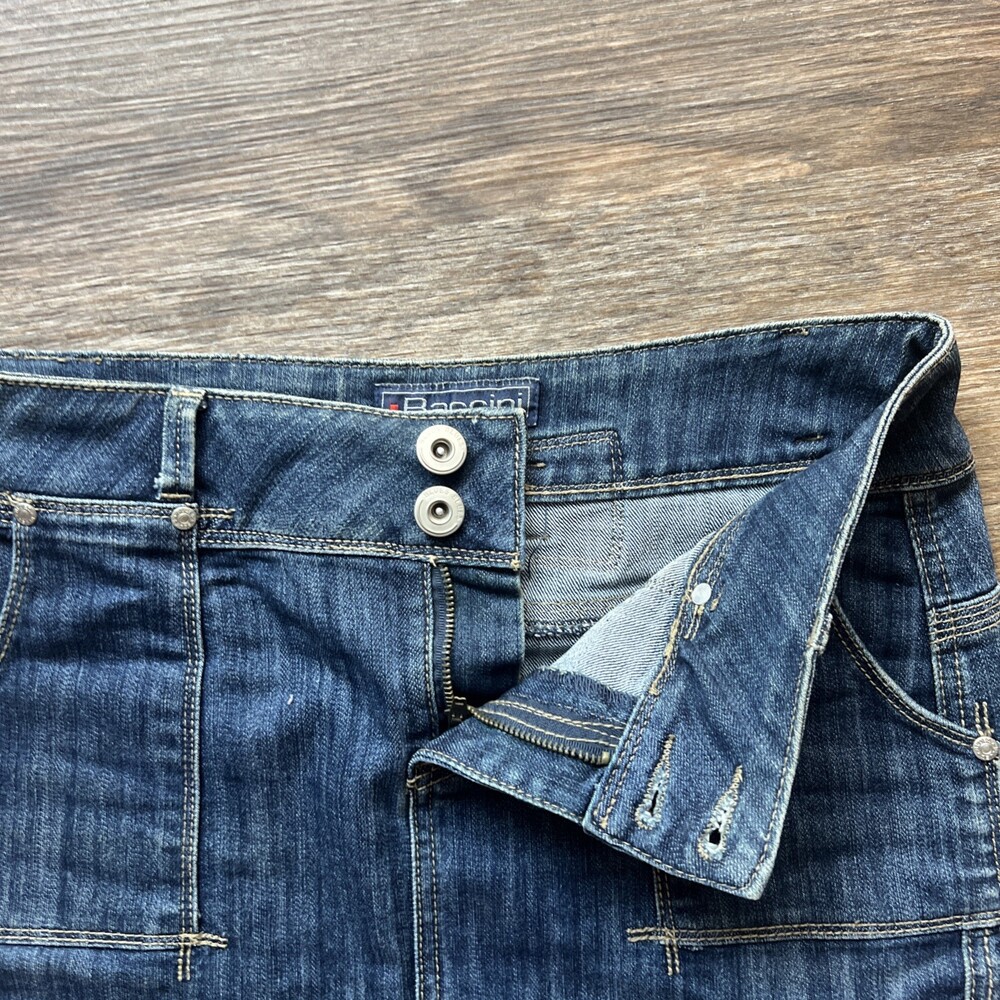 Vintage Baccini Stretch Denim Knee Length Skirt Sz 6 Dark Wash Back Buckle - Picture 2 of 11